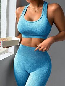 Slayform Women's Solid Color Cropped Tank Top And Leggings Sports Set - Blue - View 4