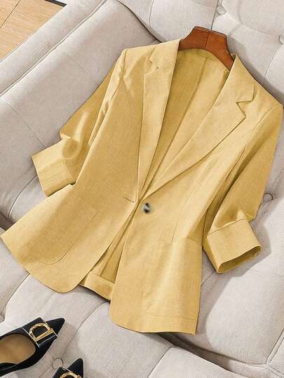 Franclia 3/4 Sleeve Linen Blazer With Waist Cinching, Button Design, Suitable For Commuting, Formal Events, Parties, Office Wear - Spring, Summer, Autumn