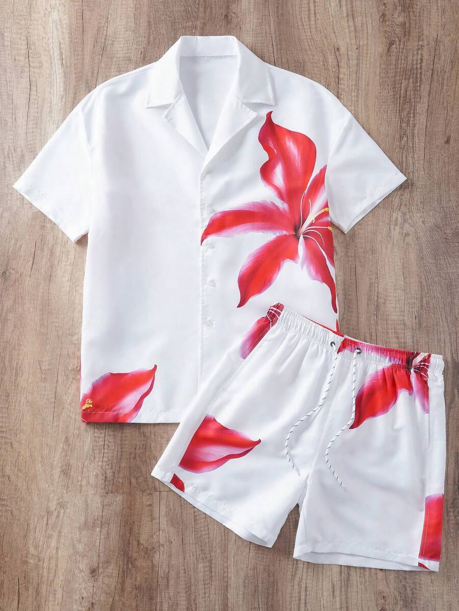 Manfinity Joysei Men's Floral Print Short Sleeve Top And Shorts Beach Set - Multicolor - View 1