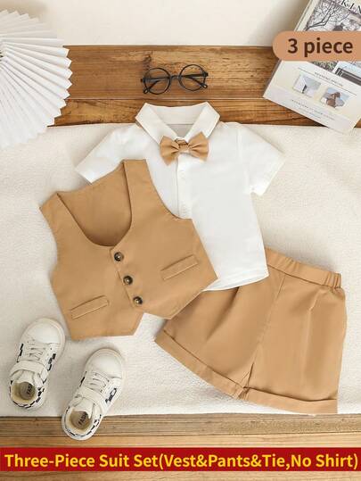 三件套男婴正式绅士套装，纯色修身背心+松紧腰短裤+蝴蝶结，适合6个月至3岁的宝宝，适用于婚礼、洗礼、演出、派对、生日、返校、夏季毕业典礼等正式场合，男婴正式西装套装，儿童套装，幼儿套装，男婴婚礼西装