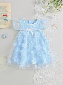Glamorique Kids 1件女婴花卉刺绣网纱荷叶边圆领无袖A字连衣裙，可爱甜美风格，适合夏季日常穿着、旅行、摄影、派对、生日等场合。 - 藍色 - 查看 3