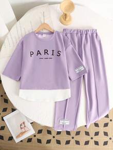 SHEIN Serisse Kids 少女紫色春夏针织圆领宽松拼接撞色英文印花布标七分袖宽松阔腿裤休闲简约学院风T恤套装，2件套 - 紫色 - 查看 4