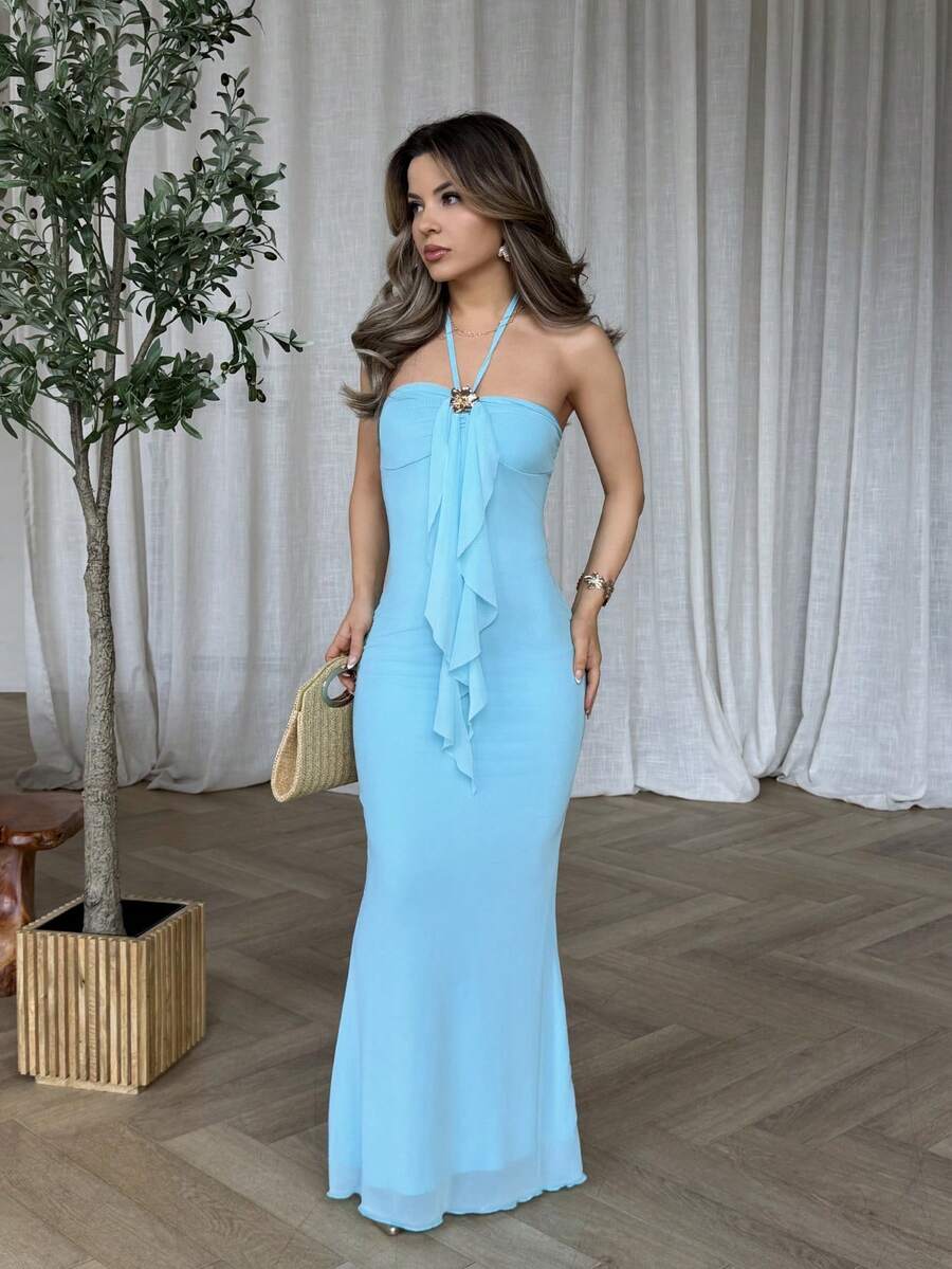 Jemour Đầm Maxi đuôi cá phối lưới đan màu xanh lãng mạn, vừa vặn, thắt nơ kim loại, trang trí khóa kim loại, thích hợp cho tiệc tùng, giáng sinh, hẹn hò, hộp đêm, phong cách Bohemian, Boho, kỳ nghỉ, mùa thu - Màu xanh lam - Xem 1