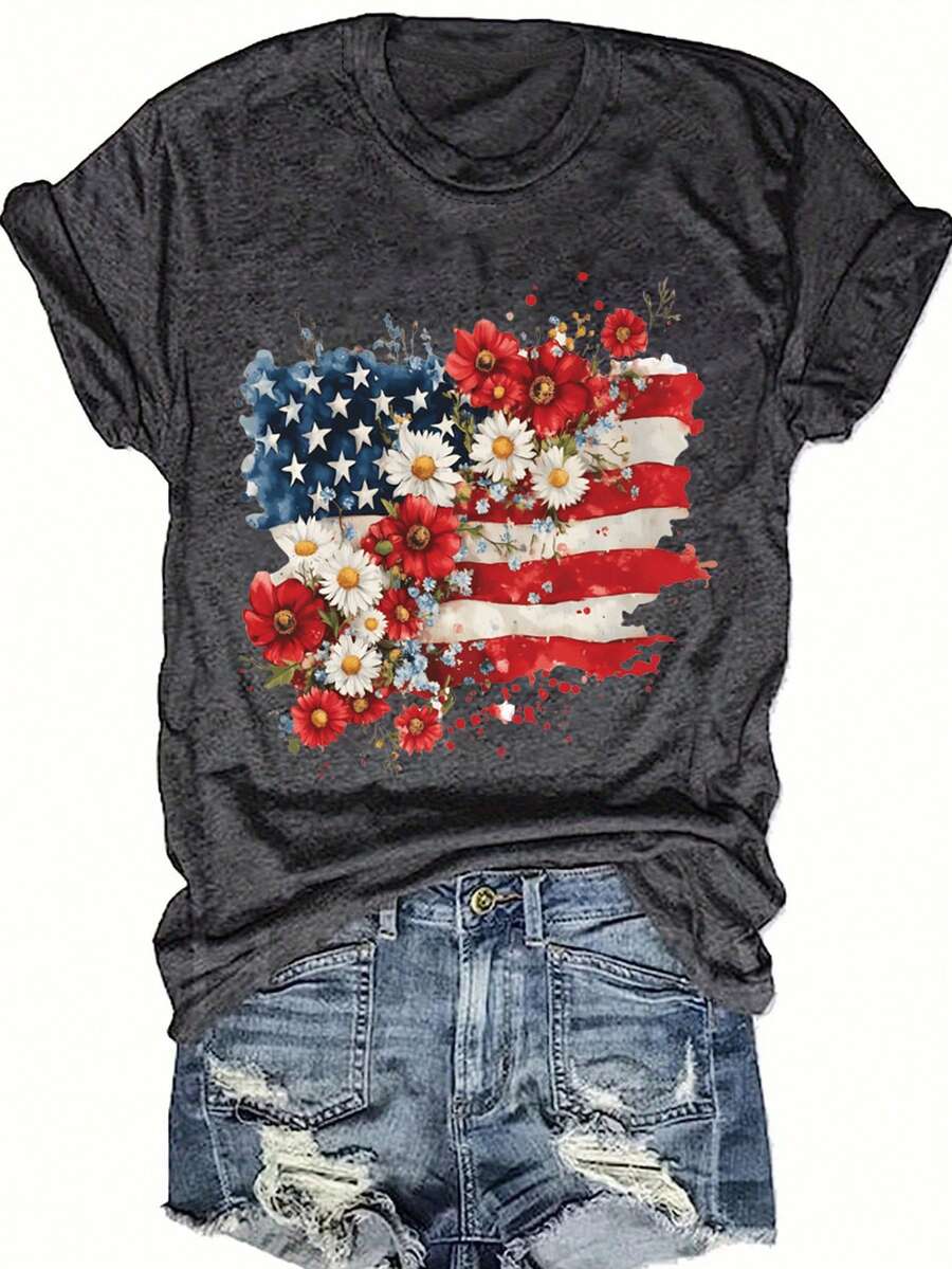EMERY ROSE Women's Top, Casual T-Shirt, Shirt 2024, Fashion, Casual, Independence Day, National Flag, Sunflower Print, Round Neck, Short Sleeved Top, T-Shirt, - Dark Grey - View 1