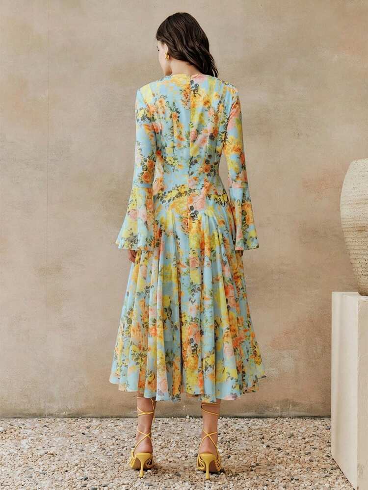 Women's New Spring/Summer Ditsy Floral Yellow Long Sleeve A-Line Flare Sleeve Maxi Elegant Vacation Dress