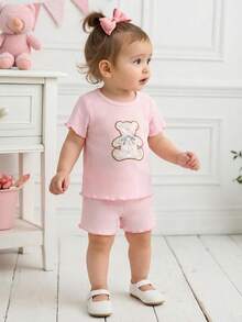 Souflis Souflis Baby Summer Sets New Arrival Casual Bear Embroidered Pattern Squishy Cotton Knit Pink Cute Tops Pink Shorts - Baby Pink - View 9