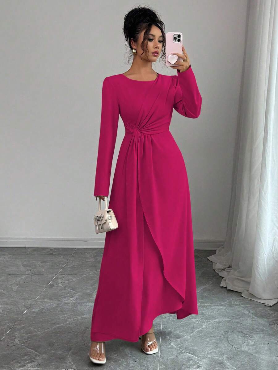 Elenzga Women's Solid Color Round Neck Pleated Elegant Long Sleeve Dress - Hot Pink - View 1