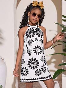 SHEIN Tween Girl Fashionable Elegant Floral Print Halter Dress - Blue - View 5