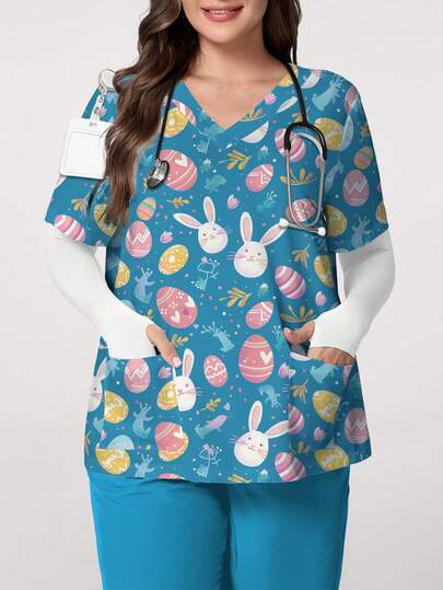PopScrub Cute Rabbit, Eggs & Plant Cartoon Print V-Neck Short Sleeve Pocket Ear Loop Split Design Plus Size Scrub Top, Spring/Summer Nurse Scrub, Suitable For Easter, Rabbit Lovers