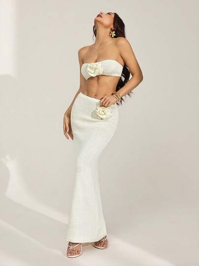 SHEIN PETITE 2件套杏色浪漫约会无肩带碎花抹胸露脐上衣+碎花长裙，女士沙滩度假套装