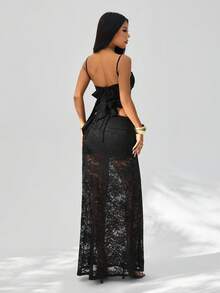 SHEIN PETITE Sexy Solid Black Sheer Lace Camisole Top & Low-Waisted Skirt Two Pieces Set For Spring/Summer, Elegant Skirt, Party Dress, Wedding Guest Attire, Brunch Dress, Spring/Summer Black Lace Skirt. - Black - View 2