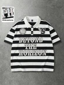 ROMWE MEN 男士休闲时尚街头闪亮钻石条纹Polo衫，夏季 - 黑與白 - 查看 1