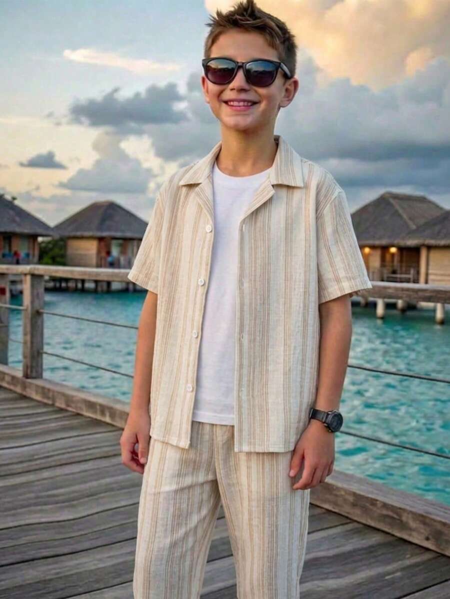 两件套男童休闲学院风舒适时尚简约实用柔软质感波浪纹Polo领短袖T恤和松紧腰长裤套装，适合秋、春、夏三季穿着，日常穿着、户外活动、上学、街头风、派对和休闲场合皆宜。