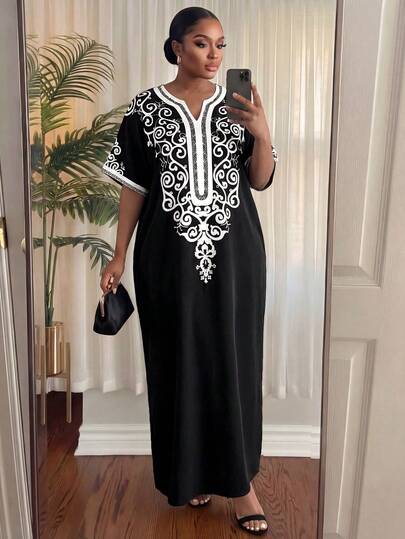 SHEIN Lady CURVE 加大码优雅办公室黑白梭织图案印花连衣裙