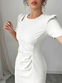 Elenzga Solid Color Round Neck Hollow Out High Slit Short Sleeve Dress - White - View 4