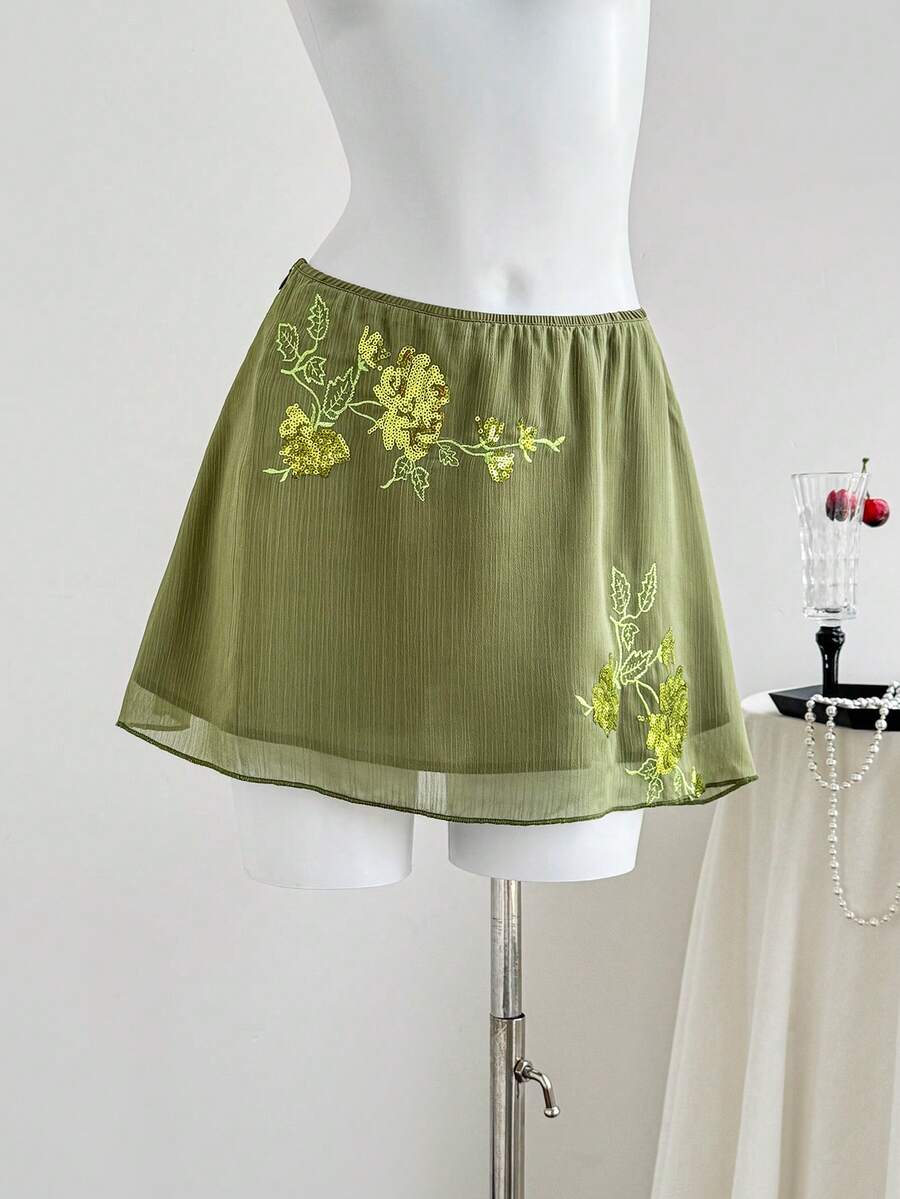 Elamini Chân váy ngắn màu xanh lá cây xuyên thấu thêu họa tiết kiểu Trung Quốc mới, gợi cảm dành cho nữ. - xanh quân đội - Xem 1