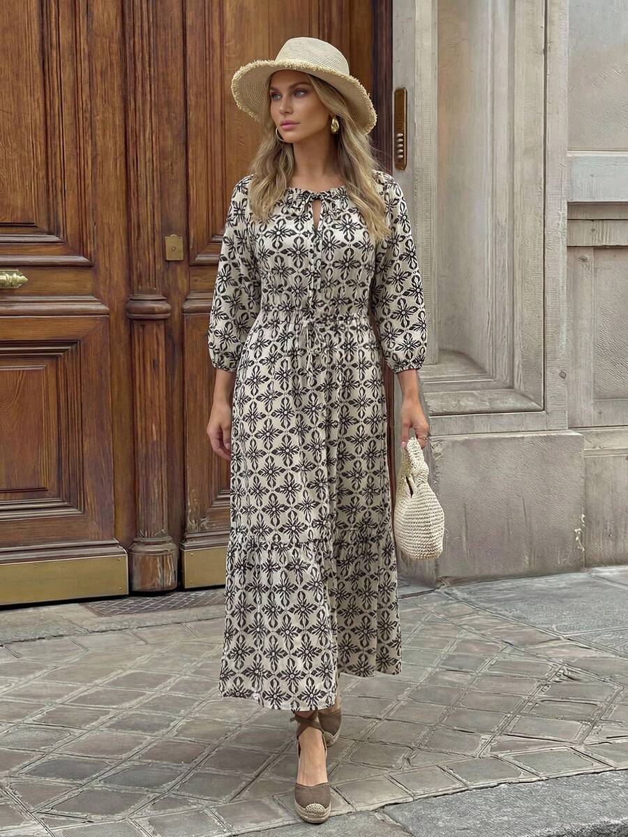 Hansera Printed Off Shoulder Convertible Dress, A-Line Hem, Comfortable , Casual Vacation - Multicolor - View 1