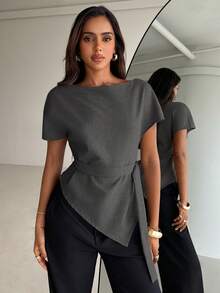 Aloruh Áo sơ mi tay ngắn bất đối xứng màu yến mạch, áo kiểu thanh lịch thắt eo dành cho công sở. - Màu xám đen - Xem 6