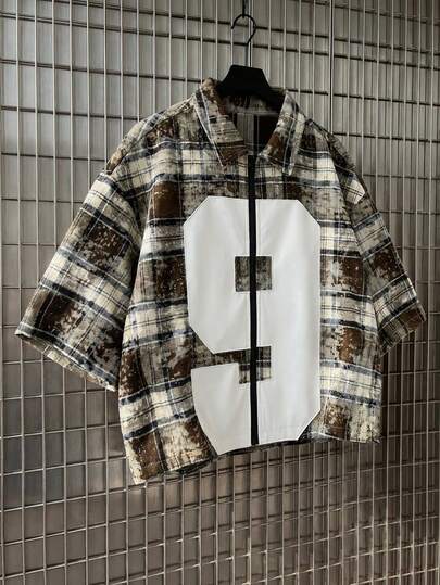 AXEPEAK Camicia casual a maniche corte da uomo con chiusura lampo, colletto, motivo a quadri e numeri, abbigliamento casual da strada, camicia corta da uomo, camicia oversize da uomo