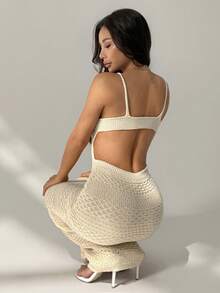 SHEIN PETITE 女士服装，米色圆形金属扣优雅现代针织连衣裙，适合度假、节日、商务休闲、海滩婚礼、情人节派对、复古、90年代、波西米亚风格等场合。 - 杏色 - 查看 5