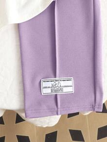 SHEIN Serisse Kids 少女紫色春夏针织圆领宽松拼接撞色英文印花布标七分袖宽松阔腿裤休闲简约学院风T恤套装，2件套 - 紫色 - 查看 5