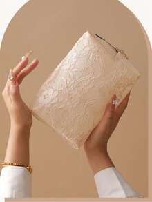 1pc/3pcs Elegant Lace Cosmetic Bag, Women's Large Capacity Waterproof Travel Makeup Organizer, Holiday Mesh Design Gift Pouch ,Makeup Bag - Beige - View 1