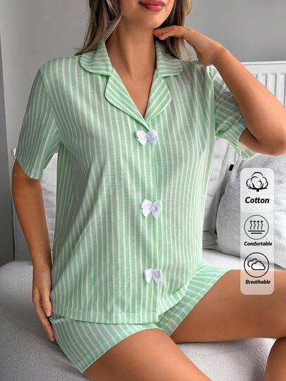 SHEIN Cotton Women 2 Pcs Green With Striped Pattern Bow Button Front Detail Short Sleeved Shirt&Shorts Homewear Casual Homewear Pajama Set
