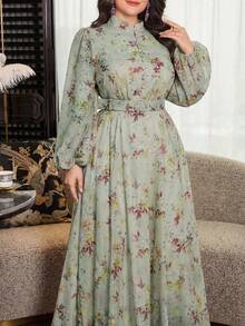 Modelyn Plus Size Women Floral Pattern Lantern Sleeve Elegant Cinched Waist Midi Dress - Green - View 3