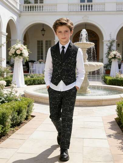 SHEIN 两件套黑色西装：无袖马甲+长裤，闪亮简约休闲套装，适合钢琴/小提琴演奏、婚礼、毕业典礼、正式场合、男士着装、生日派对、晚宴、演出、招待会、婚礼季、万圣节、圣诞节、礼物、情人节、男童派对套装