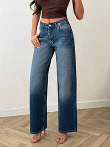 100% Cotton Low Waist Dry Process Wash Detailed Wideleg Jean - Medium Wash - View 1
