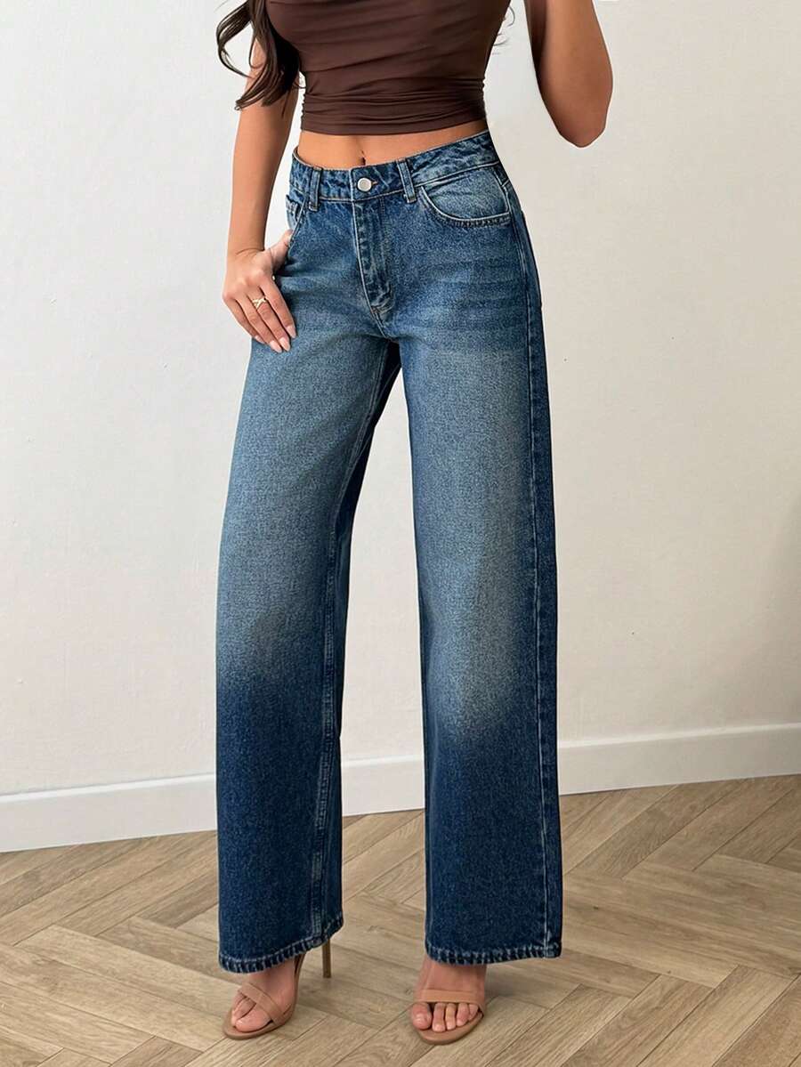 100% Cotton Low Waist Dry Process Wash Detailed Wideleg Jean - Medium Wash - View 1