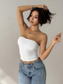 SHEIN PETITE Áo croptop quây xếp ly màu trơn dành cho nữ - màu đen - Xem 4