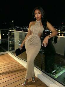 Slaydiva New Early Spring, Spring And Summer Music Festival, Valentine's Day, Easter, Bohemian Style, Nomadic Style, Casual, Simple And Basic, Cruise Party, Birthday Party, Daily Date, Casual Vacation, Elegant Commuting, Halter, Strappy, Wavy Design, Waist And Back Exposed, Hip Pleated, Slimming Long Dress, Khaki Dress, Long Dress For Women -A - Khaki - View 9