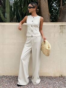 DAZY 女士休闲白色圆领短袖上衣和牛仔裤套装，夏季度假装 - 白色 - 查看 3