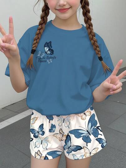2pcs Tween Girls' Casual Butterfly Print Short Sleeve Top And Shorts Set, Suitable For Summer