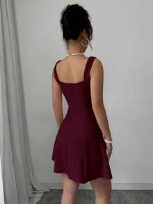 Rafferiza 女士纯色拼接宽肩带铆钉休闲连衣裙 - 中紫紅色 - 查看 2