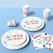 Bunte Punkte Happy Birthday Einweg-Teller, Servietten und Becher Set, für 8 Gäste. Dieses Einweg-Partyartikel-Set (inklusive Teller, Servietten und Becher) ist perfekt für Geburtstagsfeiern, Hochzeiten und Familienpicknicks. - Übersicht 4