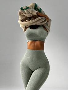 Slayform Women's Solid Color Cropped Tank Top And Leggings Sports Set - Army Green - View 7