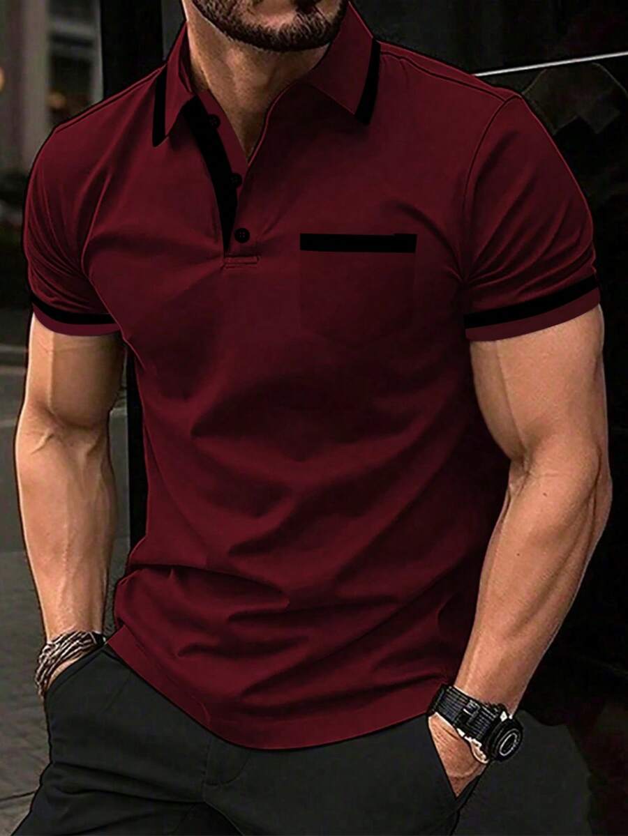 Calvornis Men's Casual Versatile Commuting Cotton Short Sleeve Polo Shirt, Formal Ceremony - Burgundy - View 1