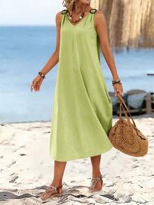 Sylviya 女士夏季纯色圆环扣V领无袖长连衣裙 女士夏季连衣裙 棉质休闲连衣裙 无袖夏季连衣裙 女士休闲连衣裙 女士吊带裙 女士休闲连衣裙 女士夏季连衣裙 无袖连衣裙 中长连衣裙 棉质连衣裙 - 淡綠 - 查看 3
