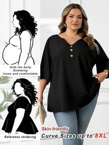 SHEIN CURVE+ Plus Size Casual Black Decorative Button Notched Neck 3/4 Sleeve Loose Blouse, Black Notched Neck Blouse, Fashionable Women Blouse, Going Out Tops - Black - View 2