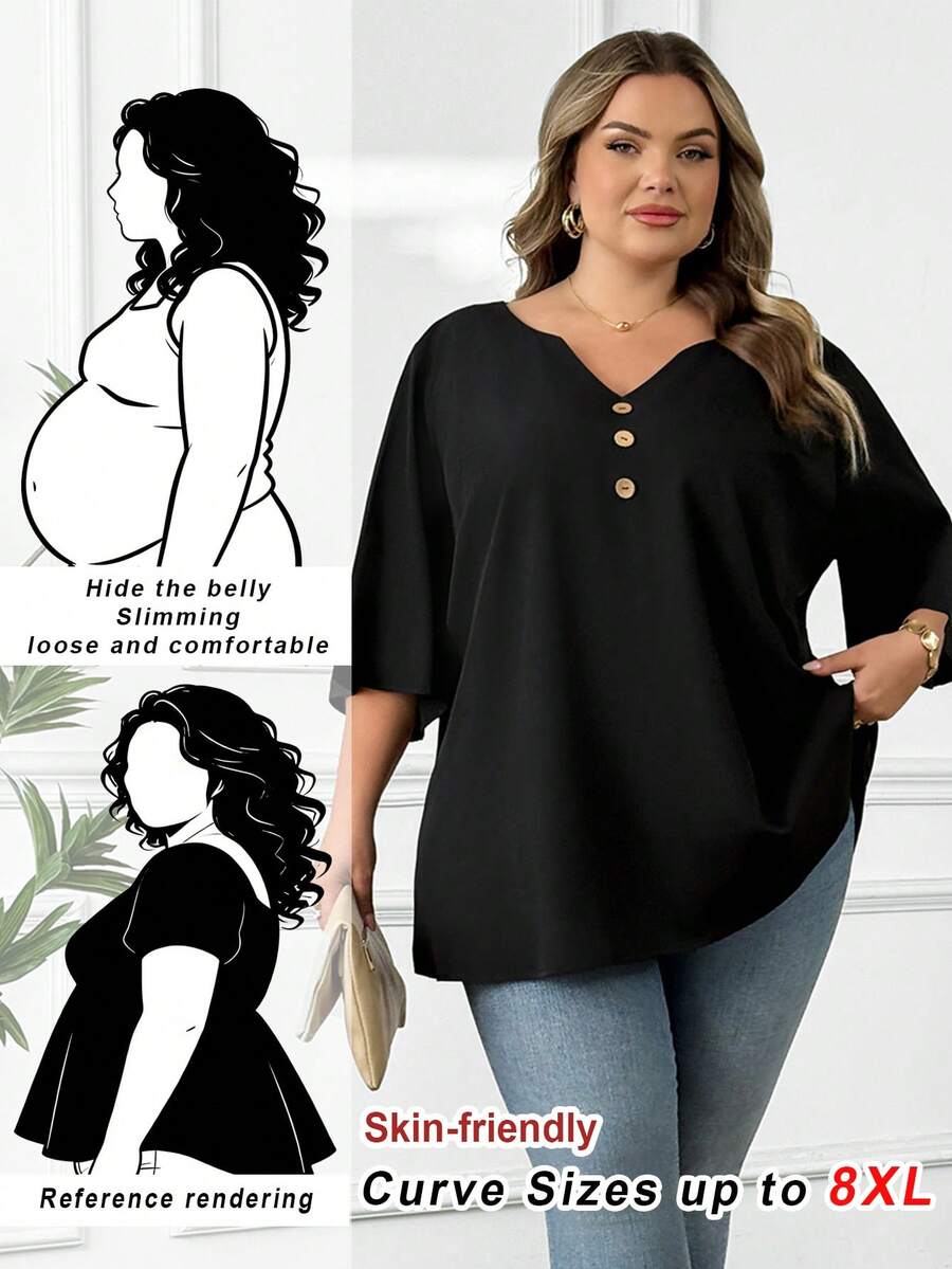 SHEIN CURVE+ Plus Size Casual Black Decorative Button Notched Neck 3/4 Sleeve Loose Blouse, Black Notched Neck Blouse, Fashionable Women Blouse, Going Out Tops