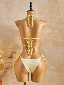 Shapewave 2026 Spring/Summer Beach Vacation Yellow Textured Fabric Halter Tankini Swimsuit Set - Yellow - View 2