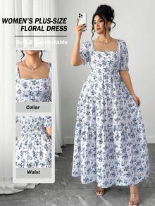 Elenzga New, Plus Size Floral Print Elegant Women's Dress - Multicolor - View 1