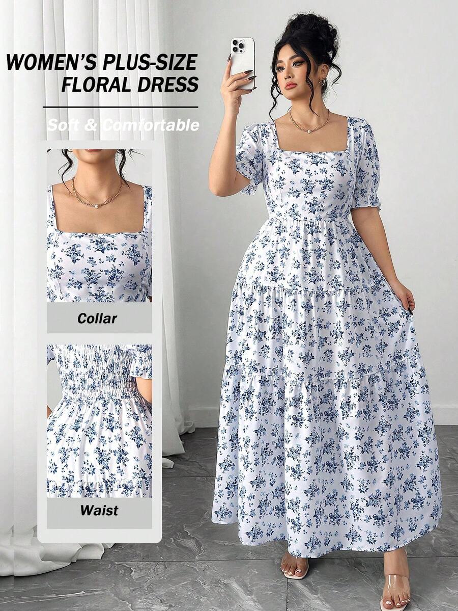 Elenzga New, Plus Size Floral Print Elegant Women's Dress - Multicolor - View 1