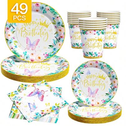 Light Pink Butterfly Crown Disposable Plates, Napkins And Cups Set, Serves 8 Guests.This Disposable Party Set (Including Plates, Napkins And Cups) Is Perfect For Birthday Parties, Weddings And Family Picnics.
