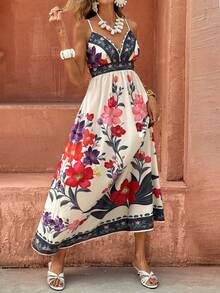 Selianne 女士优雅时尚通勤休闲舒适迷人复古简约浪漫假日无袖露背收腰褶皱显瘦数码印花长裙（随机印花） - 彩色 - 查看 3