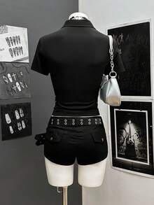 StreetHx Women's Street Subculture Punk Fitted Short Sleeve Shirt - Black - View 2