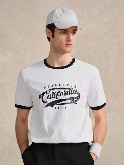 Courvante 复古美式椭圆形英文字体印花休闲时尚男士短袖T恤，黑白拼接设计，适合约会、派对等场合，是送给男友的绝佳礼物，网球风学院风