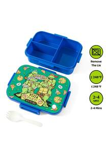 TEENAGE MUTANT NINJA TURTLES | SHEIN 1100ml Cartoon Pattern Leak-Proof Three-Grid Bento Box, Durable And Anti-Drop, With Tableware And Forks, A Must For School - Multicolor - View 2